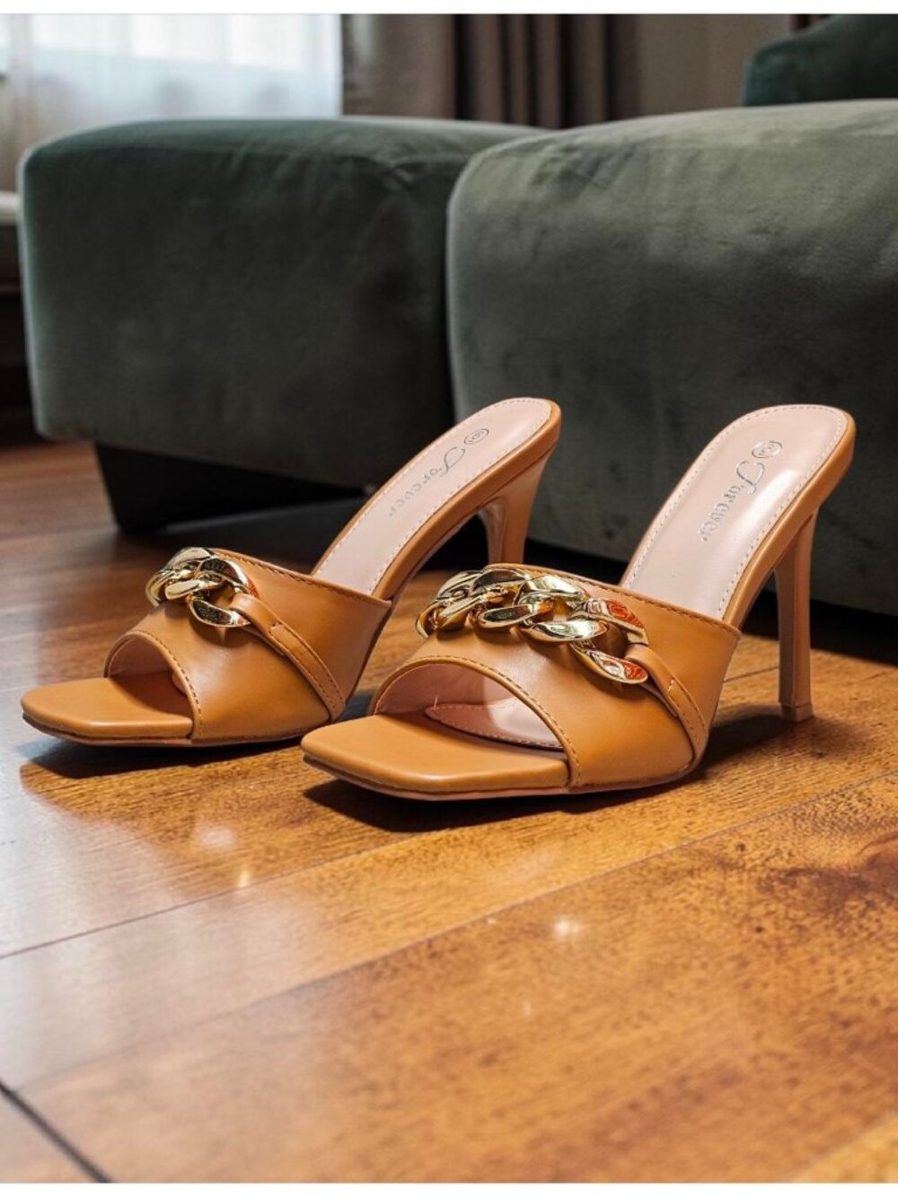 Tan Open-Toe Stiletto Heels With Gold Chain Detail
